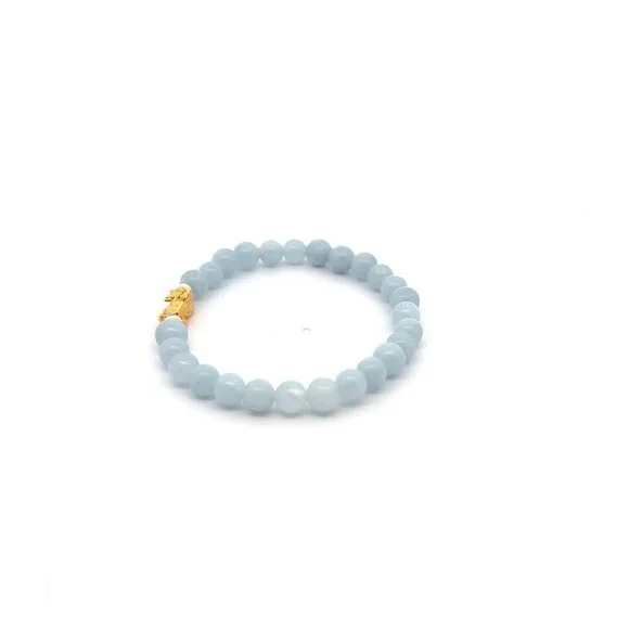 18K Gold Pixiu Piyao Lucky Charm Bracelet Natural Aquamarine Gemstones 6mm - Picture 3 of 5